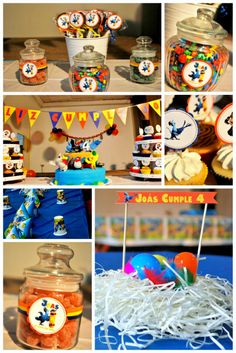 a collage of pictures with various items in them including candy jars and cupcakes