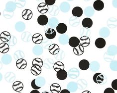 many black and white balls are scattered on a white background with blue circles in the shape of baseballs