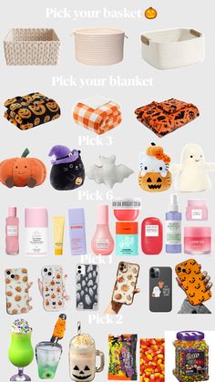 many different items are arranged in the shape of pumpkins and ghost faces, with text that reads pick your basket