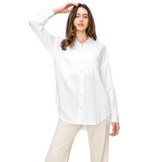 The Cali1850 womens button down linen like shirts is made from 100% rayon fabric. This fabric is looks like linen but more durable for the wrinkles. It fabric feels comfortable on the skin. Made to let you move freely and comfortably, these long-lasting durable relaxed shirts will last through multiple washes and wears for many years to come. Size: L.  Color: White.  Gender: female.  Age Group: adult. Formal Work Dresses, Women's Button Down Shirt, Oversized Blouse, Lightweight Dress, Women Formals, Business Shirts, Basic Shirts, Rayon Fabric, Dressy Casual