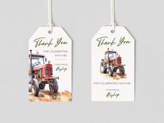 two farm tractor tags with the words thank you