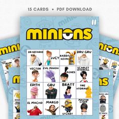 minion's card game is shown with the names and numbers on it, including characters