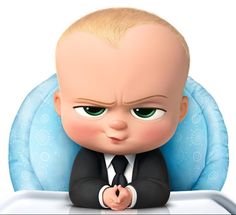 the boss baby is sitting in front of a table with his hands on his chest