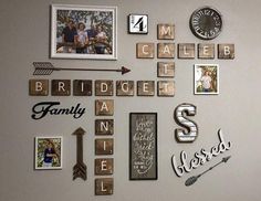 the wall is covered with many different types of magnets and pictures, including letters