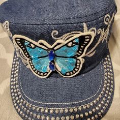 This Beautiful Butterfly Rhinestone Cadet Adjustable Cap Is One Size Fits Most Blue Adjustable Hat With Rhinestones, Adjustable Blue Hat With Rhinestones, Blue Rhinestone Hat For Summer, Blue Summer Hat With Rhinestones, Fedora Hat Style, Floppy Straw Hat, Butterfly Rhinestone, Gardening Hat, Baker Boy Hat