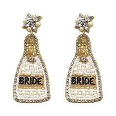 The Bead Bride Champagne Earrings are a playful yet chic option for celebrating special moments. Crafted with intricate seed beads and designed in a champagne bottle shape, these earrings add a fun, whimsical touch to any bridal event or celebration. Ideal for making a statement with a splash of personality. Shop more Bride Vibes Seed beads Post back Approximately 3.5 inch drop Bride Earrings Beaded, Veuve Earrings, Bride Vibes, White Jumpsuit Dress, Champagne Earrings, Unique Fits, Bridal Event, Anklet Bracelet, Beach Accessories