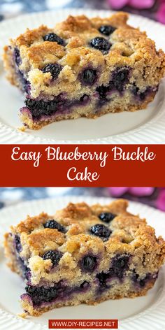 blueberry buckle cake on a white plate