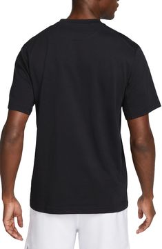 Conquer whatever the day throws your way in this versatile T-shirt with Dri-FIT tech to keep you dry and comfortable along with under arm ventilation. 29" length (size Medium) Crewneck Short sleeves Dri-FIT moisture-wicking technology 62% Cotton, 38% polyester Machine wash, tumble dry Imported Nike Black Athleisure T-shirt, Nike Moisture-wicking Short Sleeve Activewear, Nike Black Workout T-shirt, Black Dri-fit Short Sleeve Activewear, Black Dri-fit Short Sleeve Top, Nike Go-dry Short Sleeve Activewear, Nike Moisture-wicking Functional T-shirt, Nike Go-dry Functional T-shirt, Nike Relaxed Fit Go-dry T-shirt