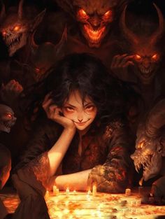 a woman sitting at a table with candles in front of her, surrounded by demonic monsters