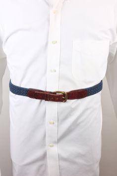 "Get that preppy look with this vintage braided belt with leather and brass trim! The details: This is a 1980's era navy braided belt with leather trim and brass buckle. No tags. No damage. Measures: 35 - 38\" waist. I'm here to make you look good. What a fun item! Thank you for looking!" Casual Adjustable Braided Belt, Casual Braided Leather Belt, Classic Adjustable Rope Belt, Classic Leather Rope Belt, Casual Leather Rope Belt, Casual Leather Belts And Suspenders, Leather And Brass, Mens Belt, Brass Trim