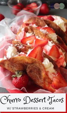 two pieces of french toast with strawberries and cream