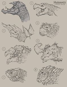 an image of how to draw a dragon's head with different angles and sizes