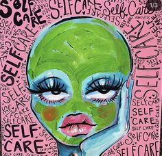 a painting with words all over it and a woman's face painted in green