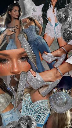 the collage shows several different images of women in high heels and sequins