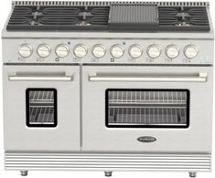 an oven with four burners and two doors