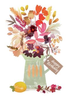 a bouquet of flowers in a vase with a happy birthday sign on the front and side