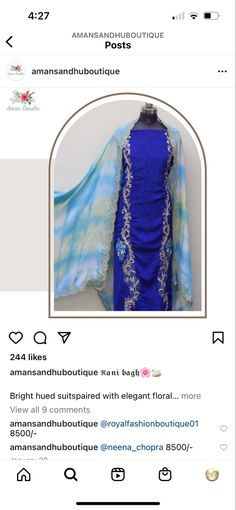 an image of a blue dress on a mannequin's dummy with the words anasandh boutique posted above it