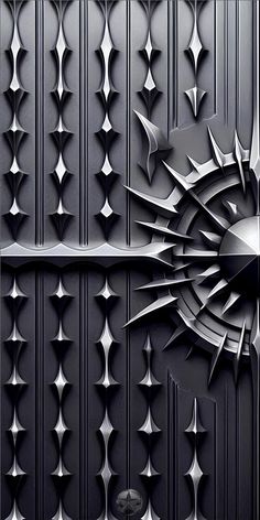 an art deco wall with metal designs and geometric shapes on the sides, including stars