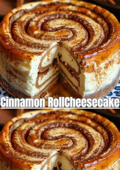 cinnamon roll cheesecake with one slice cut out