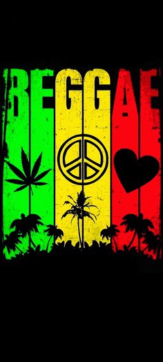 the word reggae written in different colors on a black background with palm trees and hearts