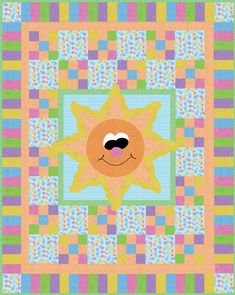 a colorful quilt with a smiling sun on the front and bottom corner, in pastel colors