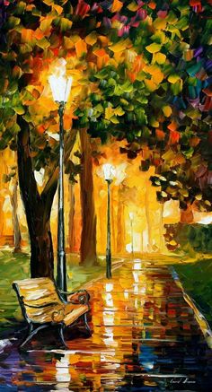 a painting of a bench under a tree on a rainy day with street lights in the background