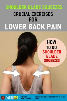 the back of a woman's head with text explaining how to do shoulder blade squeezes