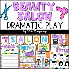 beauty salon dramatic play with scissors, scissors and hairdryer on the front cover