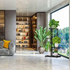 a living room filled with furniture next to a large open window covered in lots of books