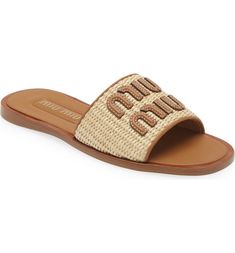 Miu Miu Logo Raffia Slide Sandal (Women) | Nordstrom Designer Beach Slides With Branded Insole, Designer Slides With Branded Insole For Beach, Luxury Woven Leather Sandals For Vacation, Luxury Straw Sandals With Woven Sole, Luxury Woven Leather Sandals For Summer, Brown Designer Sandals With Woven Sole, Spring Slides With Woven Leather, Woven Leather Slides For Spring, Woven Slip-on Slides