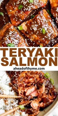 teriyaki salmon served with rice and chopsticks