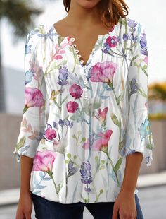 Affordable price buy Tops on JustFashionNow, SPU: 29TOC78793, Color: White, Waistlines:Natural, Theme:Spring. Rug Diy, Flared Sleeves Top, Half Sleeve Shirts, Spring Color, Floral Tunic, Casual Tops For Women, Elegant Shirt, Women Shirts Blouse, Rag Rug