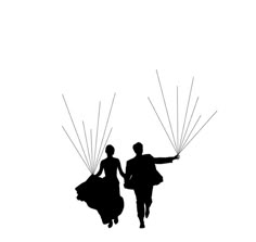 two people are flying kites on a white background in black and white, silhouetted against the sky