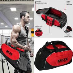 a man holding a gym bag with instructions on how to put it in the gym