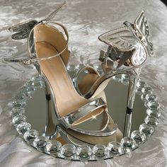 Fashion Silver Butterfly High Heels Spring Silver Heels With 4-inch Heel, Butterfly High Heels, Lavender Heels, Tory Burch Heels, Black Satin Heels, Red Suede Heels, Clear Block Heels, Fashion Butterfly, Embellished Heels