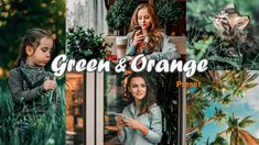 a collage of photos with the words green and orange on them, in front of an image of a woman holding a cell phone