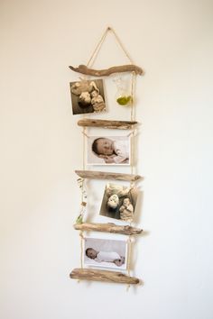 three frames hanging on a wall with driftwood and baby's photos in them