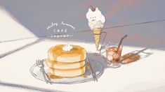 a painting of pancakes and ice cream on a plate next to a glass of iced coffee