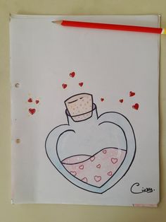 a drawing of a flask with hearts on it