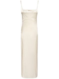 Find JACQUEMUS La Robe Notte Satin Midi Dress on Editorialist. The La Robe Notte Satin Midi Dress features fixed straps and a logo detail. It has a front off-center split at the hem. The dress is midi length. Ivory Satin Dress, White Midi, Dress Home, Satin Midi Dress, Stretch Satin, White Midi Dress, Shearling Jacket, Black Midi Dress, A Logo