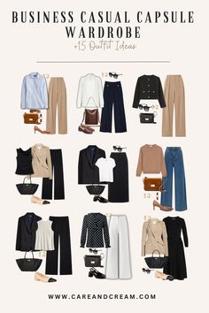 Discover the essentials for a chic business casual capsule wardrobe with this post. Filled with 15+ business casual outfits for work, the blog highlights key pieces for an impressive corporate look. Learn how to mix business casual workwear capsule pieces to create fashionable women's workwear outfits, proving office capsule wardrobes can be sophisticated and trendy. Business Casual Women Capsule Wardrobe, Outfit Guide What To Wear, Basics For Work Outfits, Capsule Wardrobe Corporate Office, Black Blazer Capsule Wardrobe, Smart Casual Outfit Office, Business Casual Outfits Simple, Saleswoman Outfit Business Casual, Cool Work Clothes