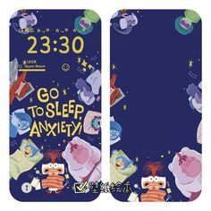 two cell phones with cartoon characters on them and the text go to sleep anytime written in chinese