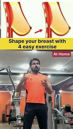 a man in an orange shirt is standing on a treadmill and has the words shape your breast with 4 easy exercise at home