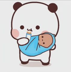 a drawing of a baby being held by a bear with a bottle in it's mouth