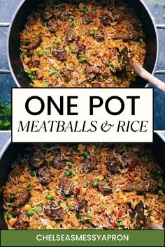 one pot meatballs and rice in a skillet