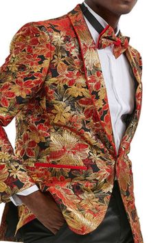 Unveil a new level of style with our Vibrant Red/Gold Elegance Blazer. Perfect for those looking to make a bold statement, this Blazer combines traditional design with a splash of vibrant color. Complete with a matching bowtie, it's your ticket to standing out in any crowd. Blazer: Crafted with a sleek shawl collar adorned with satin trim, this single-breasted Blazer features a one-button closure for a look that's both classic and contemporary. Satin trim side pockets add a touch of luxury, ensu Elegant Shawl, Reception Party, Single Breasted Jacket, Breasted Blazer, Inspiration Board, Shawl Collar, Vibrant Red, Traditional Design, Red Gold