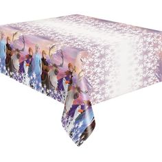 a table cloth with frozen princesses on it and snowflakes around the edges