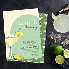 an image of a margarita party with limes on the side and cocktail glasses next to it