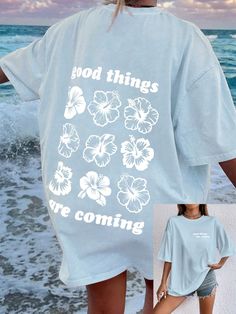 Blue Casual Collar Short Sleeve Polyester Floral,Letter,Plants,Slogan,All Over Print  Embellished Slight Stretch  Women Clothing Good Things Are Coming, Loose Shorts, Summer Floral, Kids Beachwear, Graphic Tees Women, Floral Printed, Cute Shirts, All Fashion, Summer Women