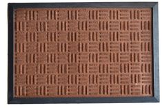 a brown door mat with black trim on the front and sides, in a frame